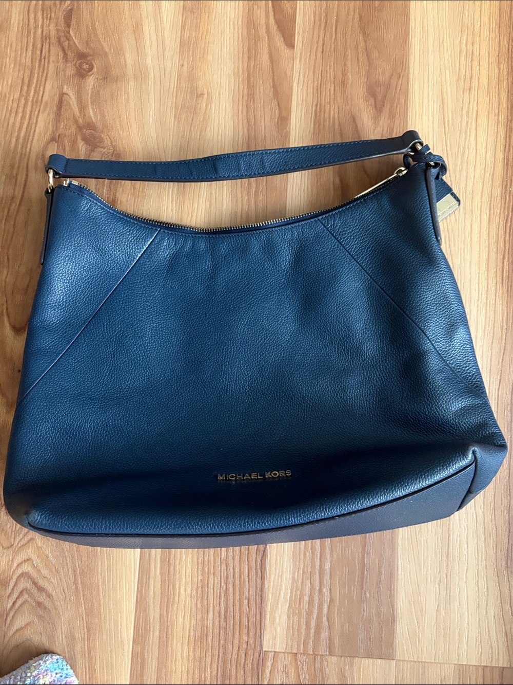 Michael Kors Navy Pebbled Leather Hobo with Gold Logo